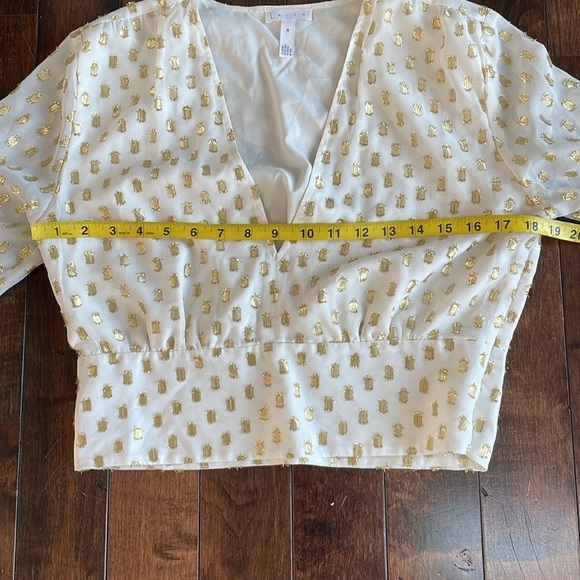 Leith Shirred V-Neck Women's M Long Sleeve Blouse Ivory Gold Metallic Cropped - Picture 5 of 12